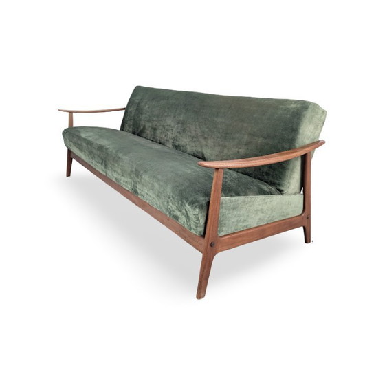 Image 1 of Driezitsbank uit het midden van de vorige eeuw, vintage bank, retro teakhouten bank, opklapbaar bed