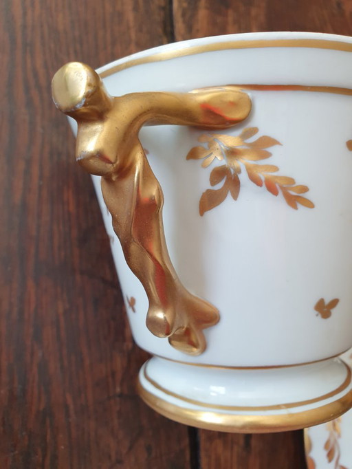 Authentic Limoges broth cup with under-dish, hand-painted and gilded