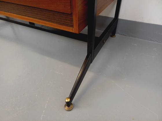 Image 1 of Italian modernist desk with built-in modular string bookcase in teak, metal and melamine from the 60s