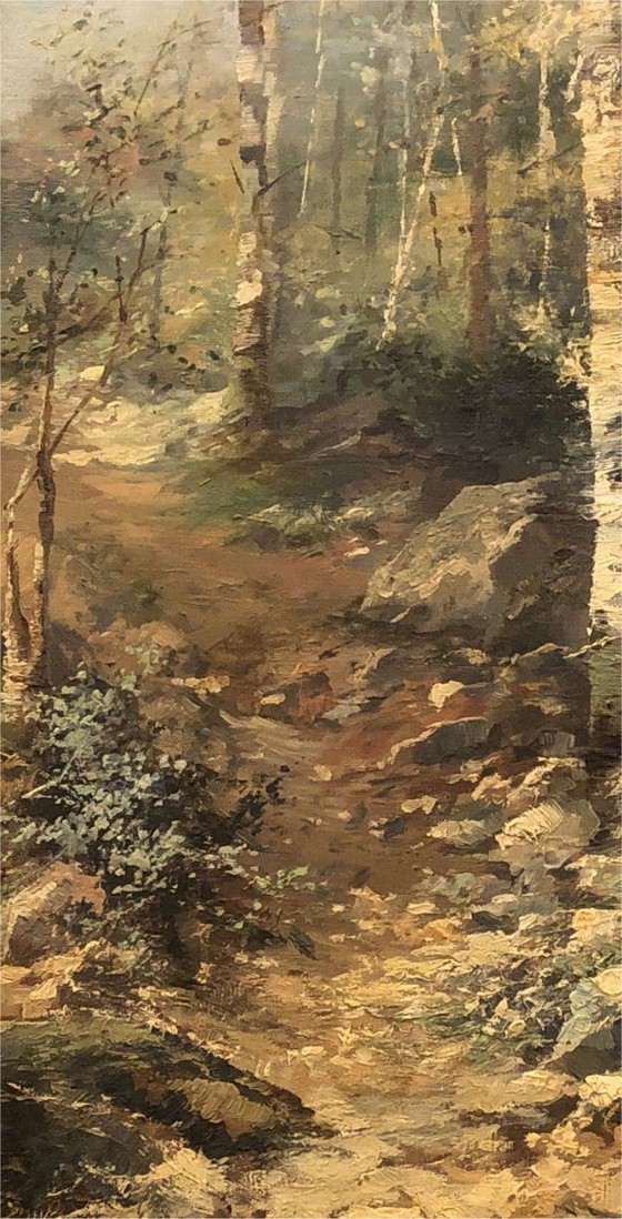 Image 1 of Huile sur toile ancienne signée, paysage de sous-bois 1893, cadre doré