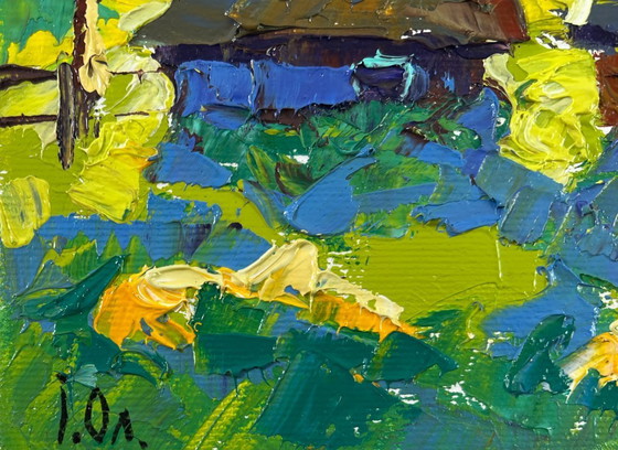 Image 1 of Original Oil Painting Summer Houses Landscape Moonlit night in the village