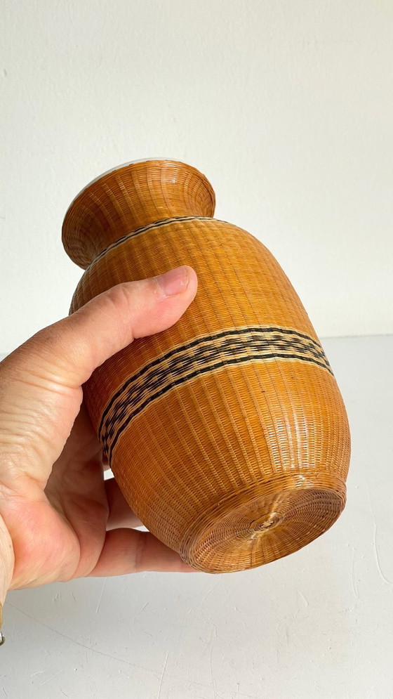 Image 1 of Vintage Woven Bamboo and Fine Porcelain Vase