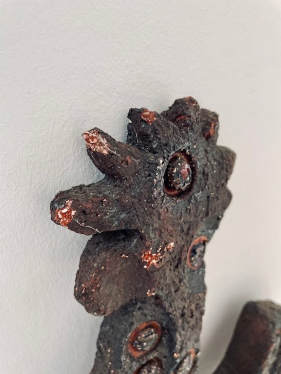 Image 1 of Zeldzame brutalistische wandsculptuur haan van keramiek