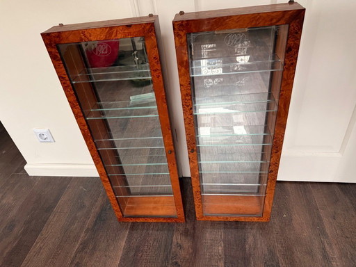 Antique 1921 tiger oak curio display cabinets with glass shelves 