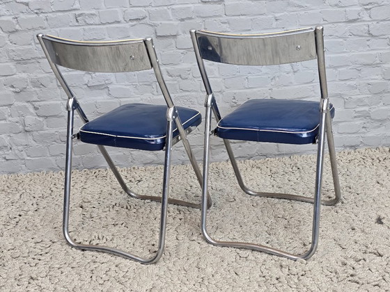Mid-Century Design First Edition Patented Deep Blue Dico Folding Chairs, Set of 2, Netherlands, 1940s – Chrome (photo 6 of 9)