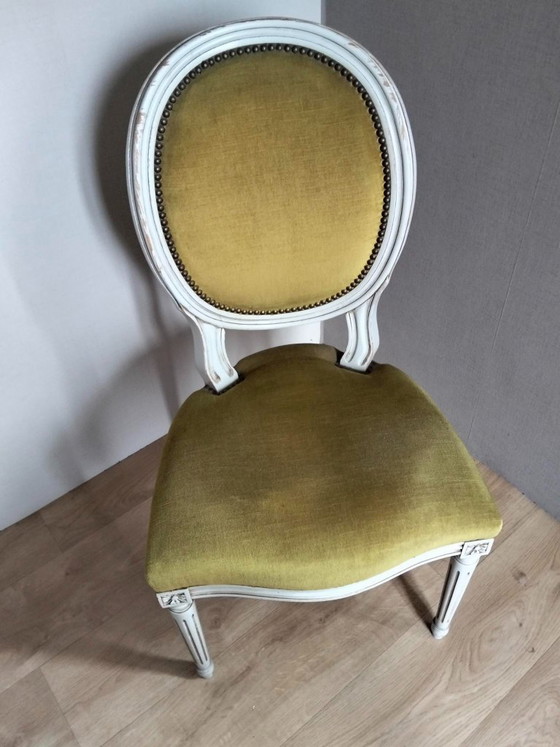 Juego de 6 sillas estilo Luis XVI, Sillas de comedor, Terciopelo, Madera, Verde (foto 4 de 8)