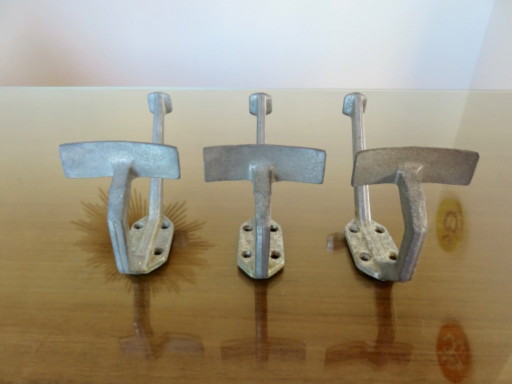Set of 3 coat racks, wall hooks, in aluminium, industrial style, bistro style, France, 1930s-40s