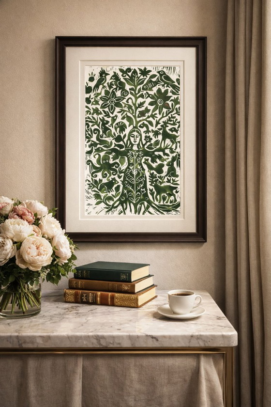 Image 1 of Linosnede van een boomvrouw: Botanische natuurkunst, A3, gelimiteerde oplage.