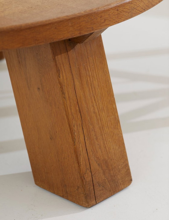 Image 1 of Vintage Brutalist round tripod coffee table in solid oak, circa 1960