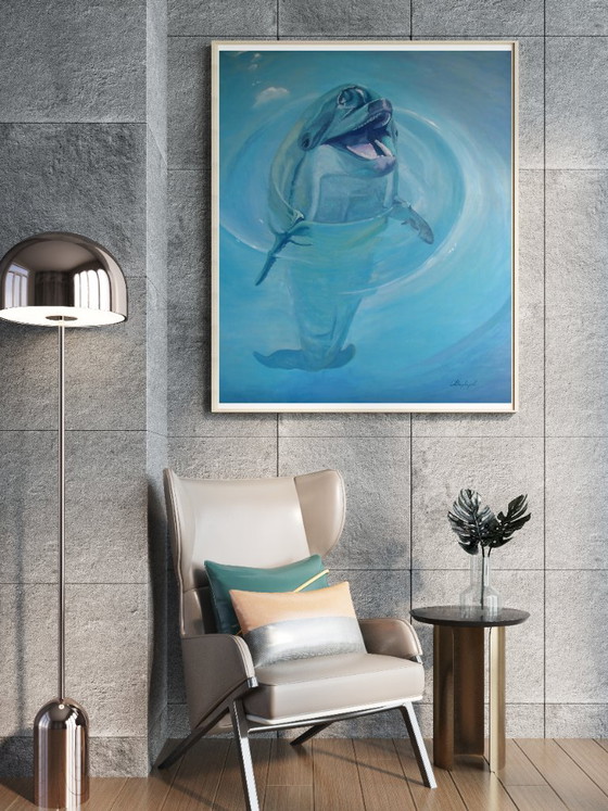 Original Oil Painting Contemporary Art Dolphin Hello – Paintings & Drawings, Canvas (photo 2 of 7)
