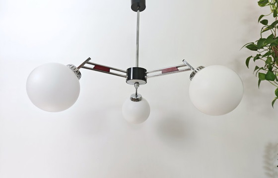 Image 1 of Vintage Chandelier With Opal Glass Globes / Mid Century Modern 3-Arm Pendant Light / Chrome Retro Ceiling Lamp 1960s