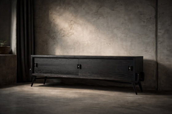 Image 1 of Vintage Mid-Century Scandinavian Modern Dark Oak Sideboard with Wooden & Metal Handles, 1960s