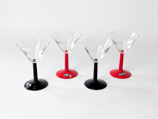 4 Vintage Leonardo Martini-Gläser | Joy-Kollektion aus den 1990er Jahren, rot-schwarze Stiele