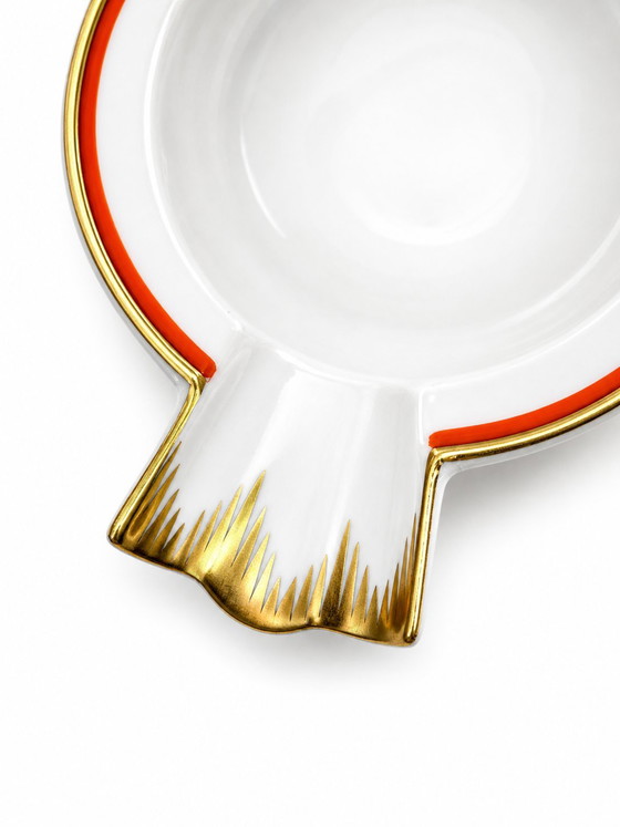 Image 1 of Seltener Meissener Art-Deco-Zigarrenaschenbecher aus Porzellan – Gold & Koralle – Signiert