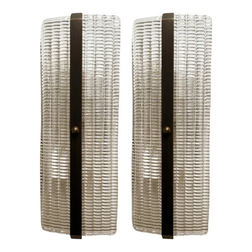 Set van twee moderne, bruinachtige wandlampen van Murano-glas met strass-steentjes, rechthoekig van vorm.