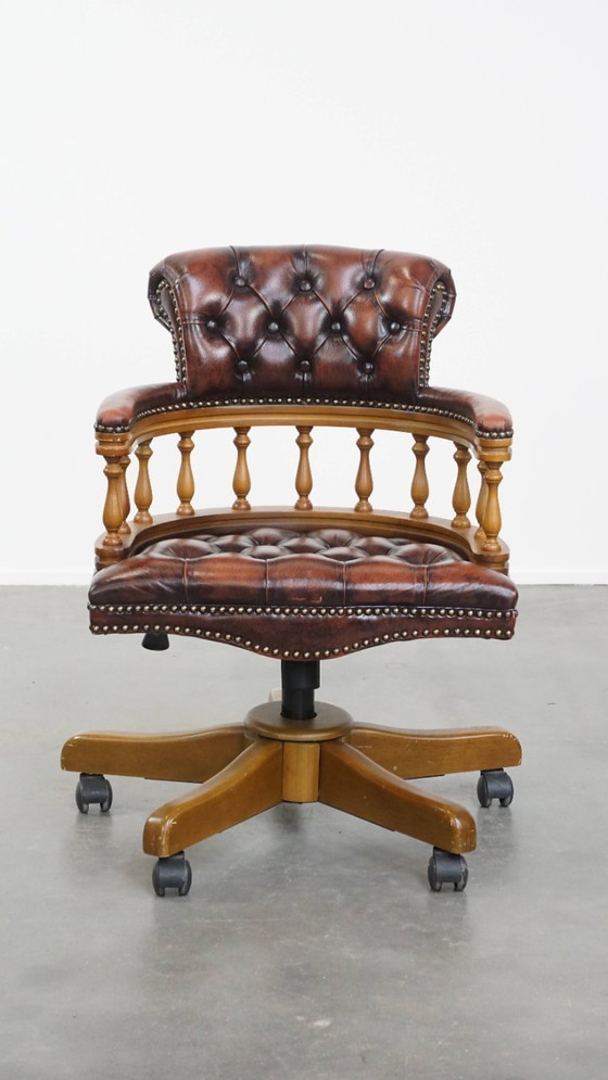 Image 1 of Brown height adjustable cowhide leather and wood chesterfield office chair on wheels