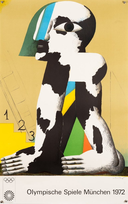 1972 Munich Olympics – Original Vintage Lithograph Olympic Poster by Horst Antes – Mid-Century Modern – 102x64 cm