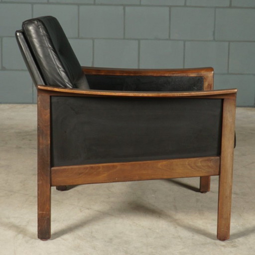 Vintage zwart lederen fauteuil – jaren 60