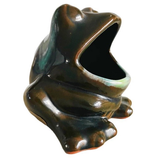 Vintage glazed Canadian ceramic frog with open mouth 1970's