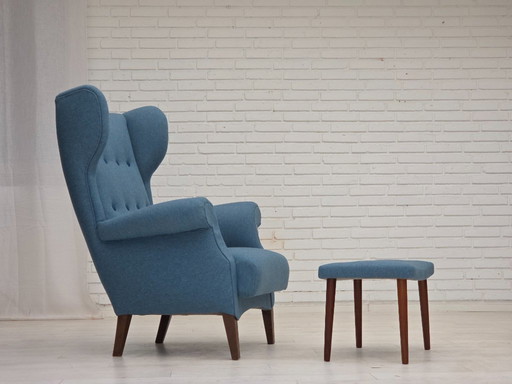 1960er Jahre, dänisches Design von Fritz Hansen, neu gepolsterter Sessel mit Hocker, Modell 8023.