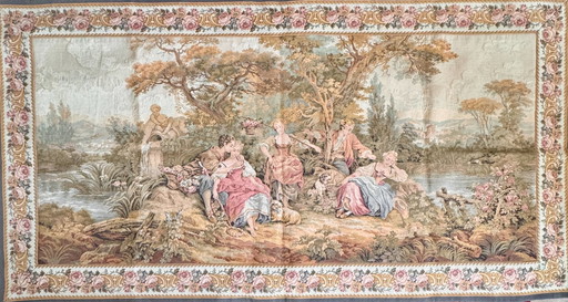 French wall tapestry Point de Halluin - Jules Pansu - Aubusson style country scene