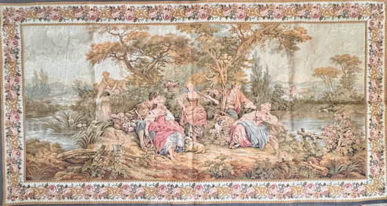 Image 1 of Arazzo da parete francese Point de Halluin - Jules Pansu - Scena di campagna in stile Aubusson
