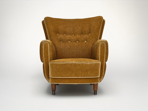 Fauteuil relax danois des années 1960, revêtement d'origine en velours jaune miel.