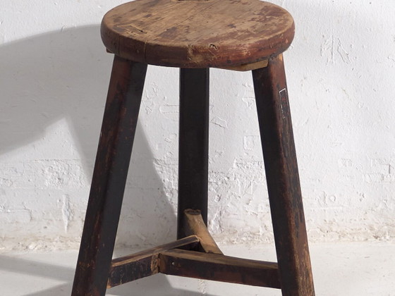 Antique dark colored round stool (c.1900) #11, Wood, Brown, Rustic (photo 2 of 16)