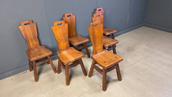 Image 1 of Vintage eikenhouten brutalistische stoelen, jaren 70, set van 6