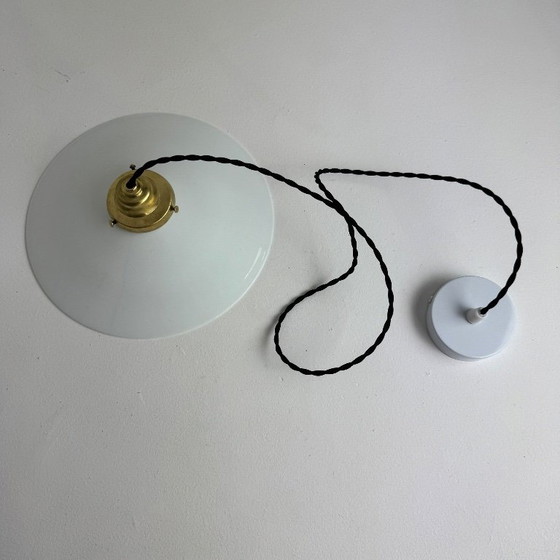 VINTAGE CONICAL OPALINE PENDANT LAMP, Metal, Brass, White (photo 3 of 8)
