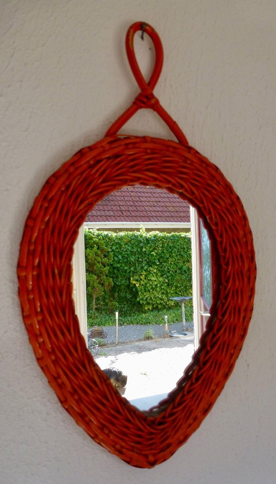 Image 1 of Orange Vintage Retro Wicker Mirror In Heart Shape.
