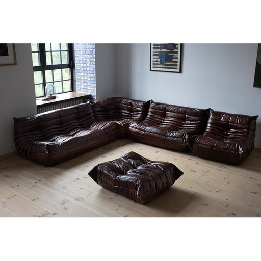 Togo vintage living room set in brown leather by Michel Ducaroy for Ligne Roset, France 1973