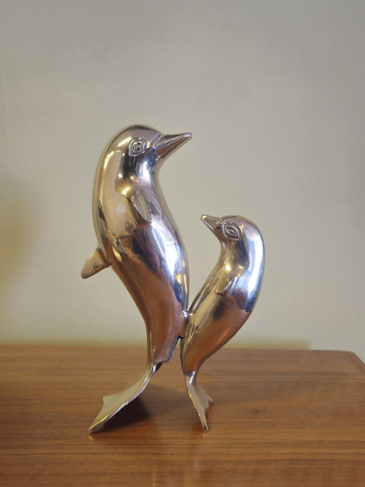 Vintage Messing Delfin Statue Figur 1970er Jahre. Delfin präsentiert