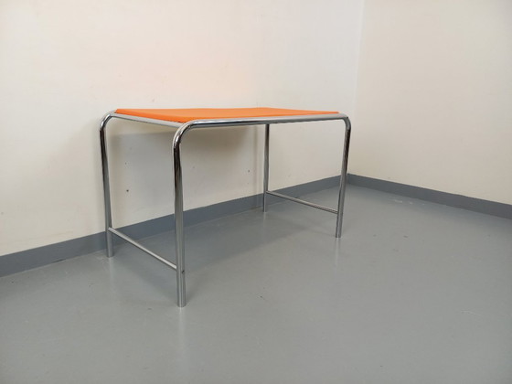 Image 1 of Vintage desk in orange imitation leather and chrome from the 1970s