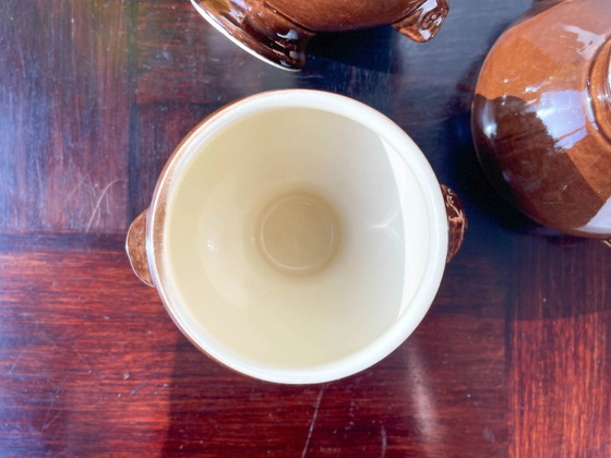6 Vintage Ceramic Emile Henry Lion Head Onion Soup Bowls - Brown, Made in France (photo 10 of 10)