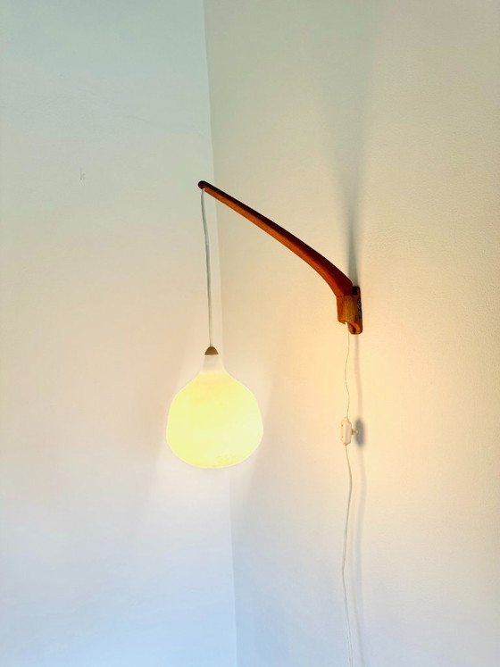Model 705 Floating Wall Lamp in Opaline Glass and Teak by Uno & Östen Kristiansson for Luxus, Sweden, 1960s (photo 3 of 9)