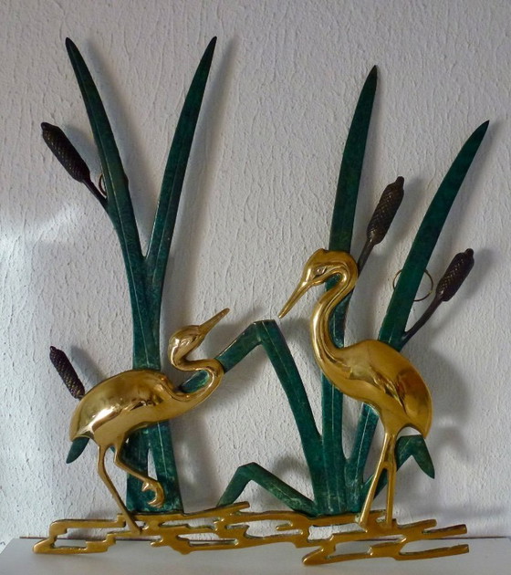Image 1 of Decorazione murale vintage in ottone con due gru tra le canne.