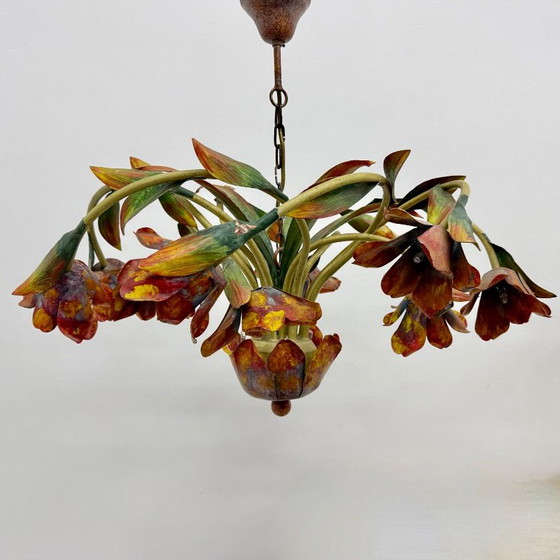 Lustre floral, tulipes en métal multicolore, Rouge, Vintage (photo 12 sur 14)