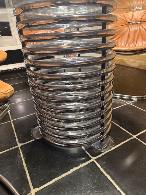 Dining set with glass table and six leather chairs, Rinaldi, Chrome, Brown, Mid Century Modern (photo 3 of 6)