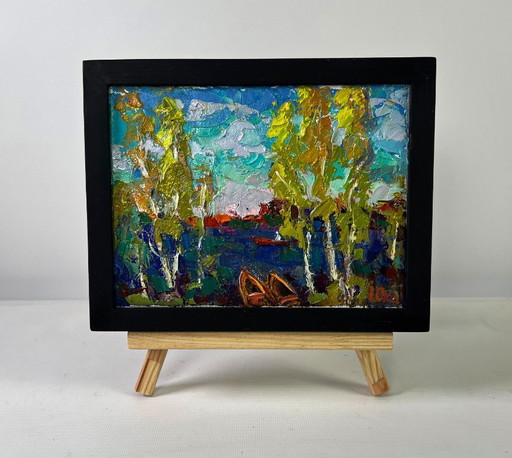 Original Oil Painting Summer River Landscape The first leaves reflected in the water