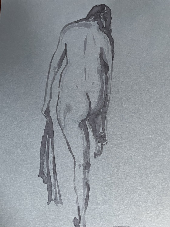 Image 1 of Ritratto femminile acquerello monocromatico su carta denim