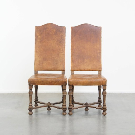Set of 2 Antique Wood and Sheep Leather Dining Chairs from Early 1900s