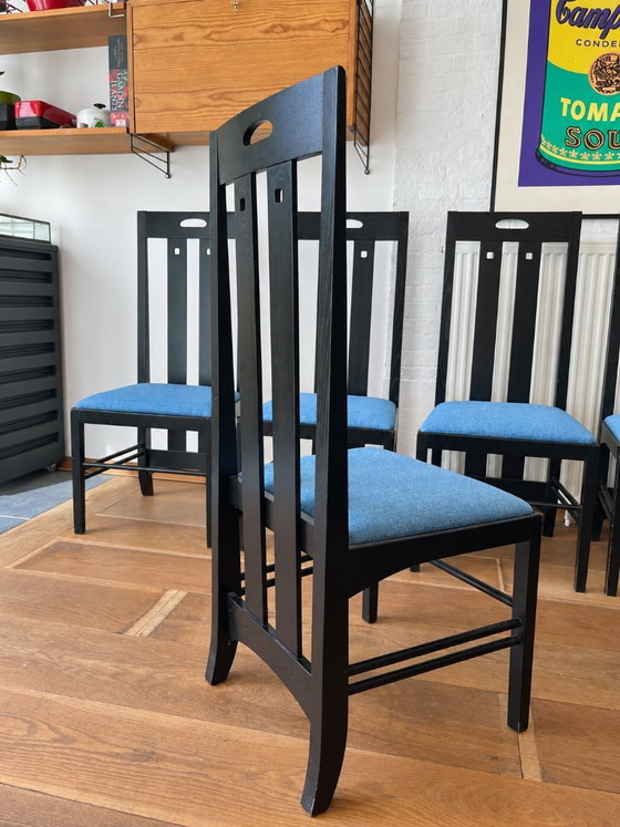 Set of 5 Ingram chairs – after a design by Charles Rennie Mackintosh – – Dining chairs, Wood, Textile (photo 6 of 10)