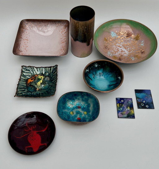 Mid-Century Copper Enamel Collection of Handcrafted Bowls & Vases (9 pieces)