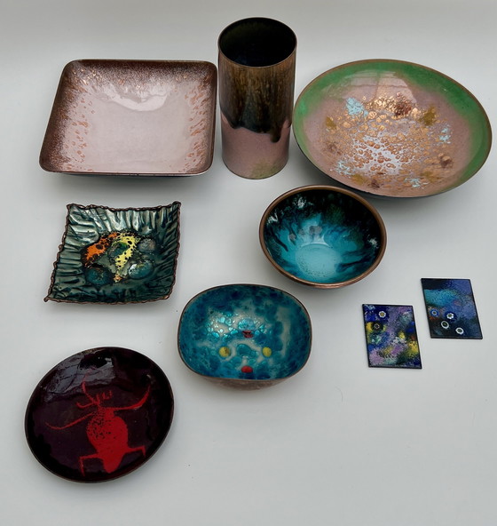 Image 1 of Mid-Century Copper Enamel Collection of Handcrafted Bowls & Vases (9 pieces)