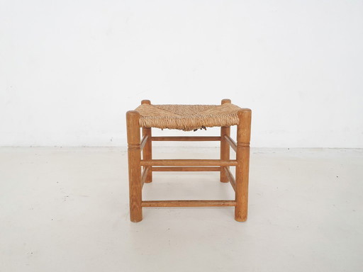 Sgabello vintage in rattan e legno, Francia, anni '60