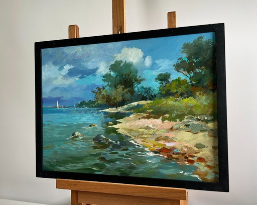 Pintura al óleo original Paisaje costero de verano Día de verano en la costa
