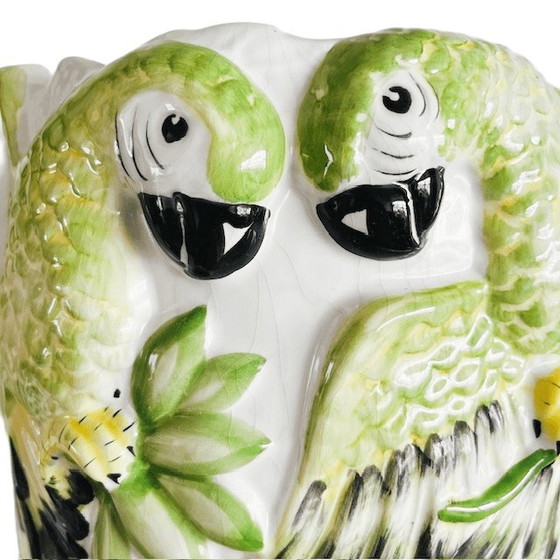 Image 1 of Vintage Portuguese XL white ceramic vase hand-painted parrots 1940s