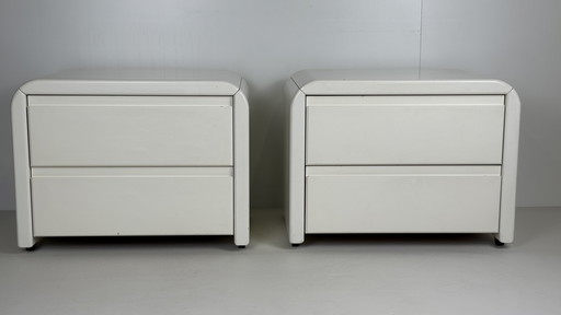 2 x tables de chevet vintage en bois massif Space Age blanc avec tiroirs sur roulettes