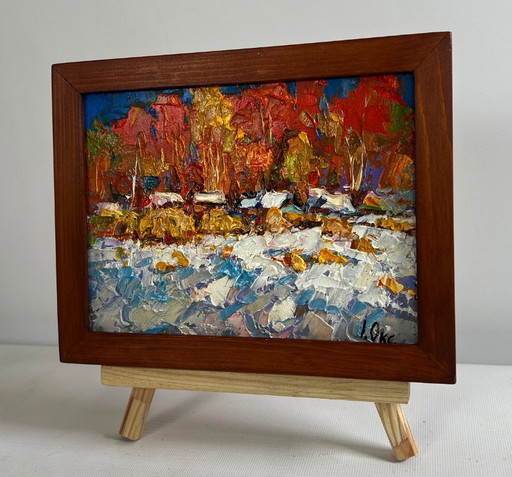 Original Oil Painting Snow Village Landscape Sunny winter day